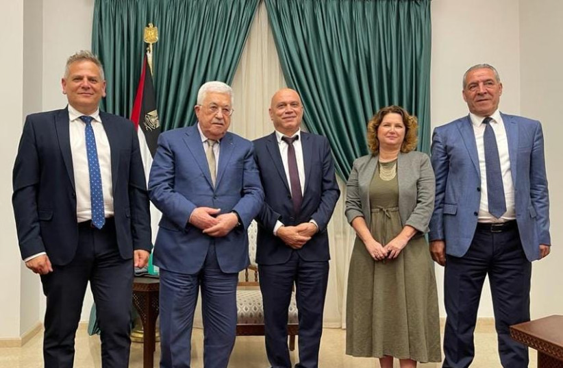 Palestinian Authority President Mahmoud Abbas hosted a delegation from the Meretz party. October 4, 2021. (photo credit: MERETZ)