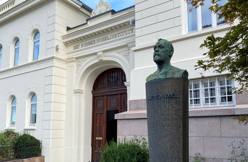  An outside view of the Norwegian Nobel Institute with a bust of Alfred Nobel, in central Oslo, Norway September 14, 2021.  (photo credit: REUTERS/NORA BULI)