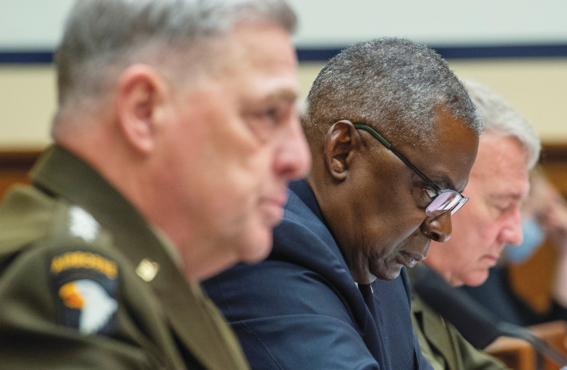 US DEFENSE SECRETARY Lloyd Austin (center) and military brass, including Chairman of the Joint Chiefs of Staff Gen. Mark A. Milley (left) are questioned in Congress last week on the withdrawal from Afghanistan. (photo credit: REUTERS)