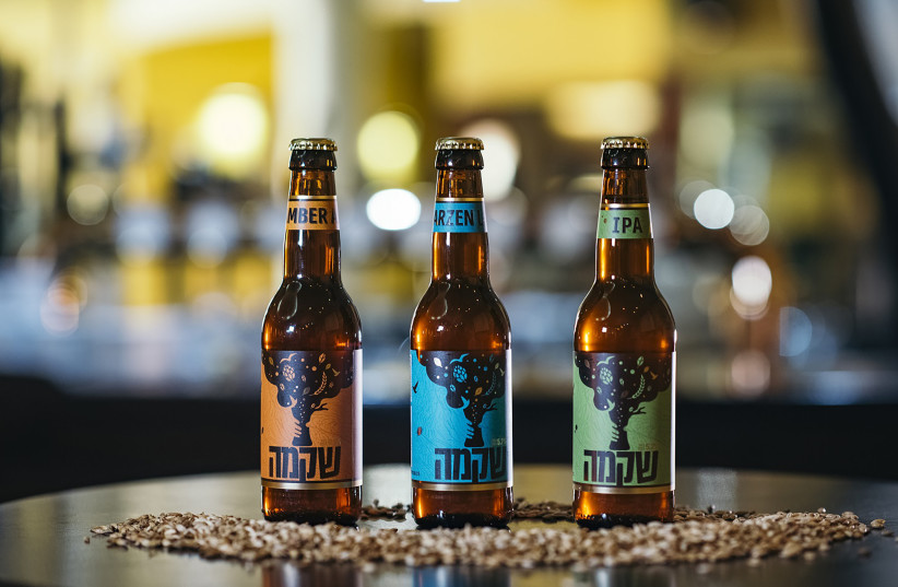 THE FIRST three beers from the Shikma Brewery  in Ashkelon: Amber Lager, Märzen Lager and IPA.  (photo credit: AMIR YAKOBY)