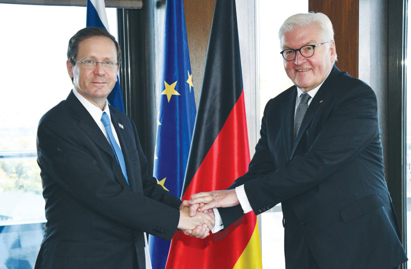  PRESIDENT ISAAC HERZOG and German President Frank-Walter Steinmeier in Ukraine.  (photo credit: HAIM ZACH/GPO)