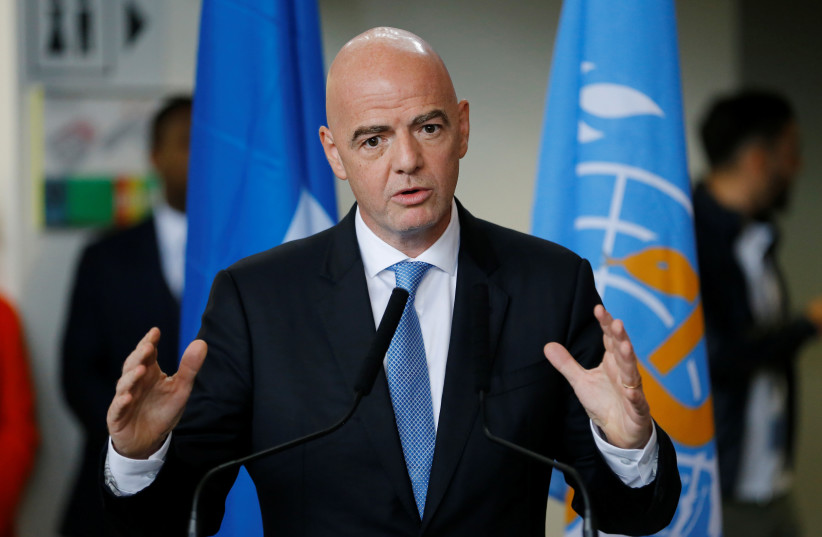  FIFA President Gianni Infantino during a press conference.  (photo credit: REUTERS/PIERRE ALBOUY)