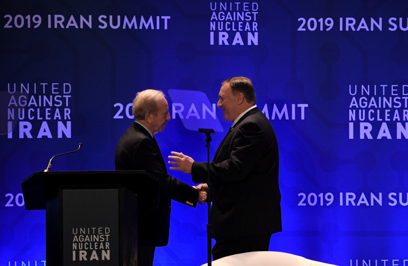  Then-US Secretary of State Mike Pompeo shakes hands with Joe Lieberman at the United Against Nuclear Iran Summit on the sidelines of the UN General Assembly on September 25, 2019. (photo credit: DARREN ORNITZ / REUTERS)