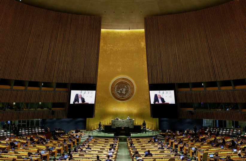 Palestinian Authority President Mahmoud Abbas delivers a speech remotely to the UN General Assembly on September 24, 2021. (photo credit: JOHN ANGELILLO/POOL/REUTERS)