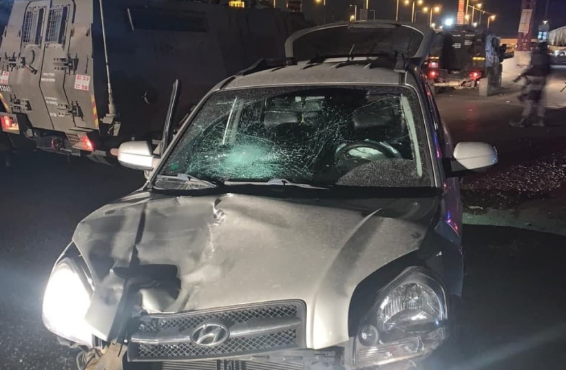  The car which carried out a ramming attack in Kalandiya, north of Jerusalem (photo credit: ISRAEL POLICE)