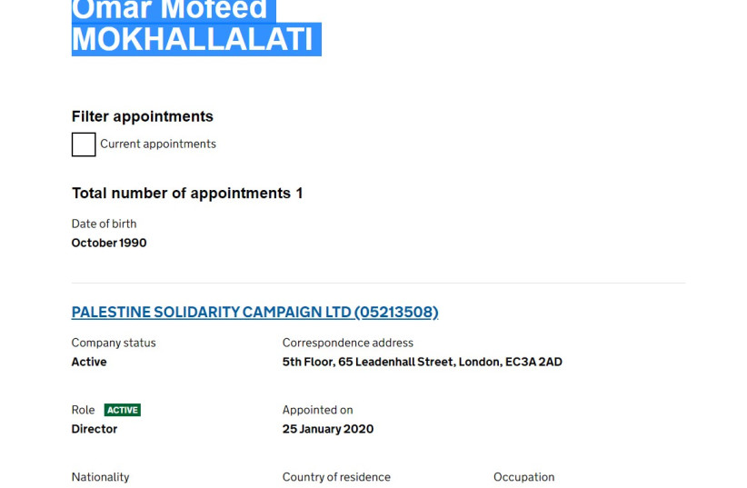  Omar Mofeed is listed as director of Palestine Solidarity Campaign on the UK Government company information service website. (credit: screenshot)