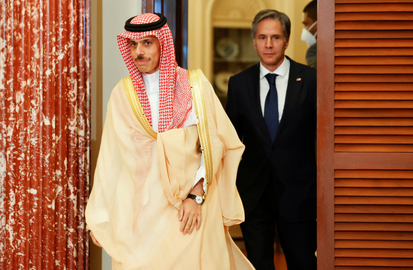  US Secretary of State Antony Blinken and Saudi Arabia's Foreign Minister Faisal bin Farhan Al-Saud deliver remarks to reporters before meeting at the State Department in Washington, US, October 14, 2021. (credit: REUTERS/JONATHAN ERNST)