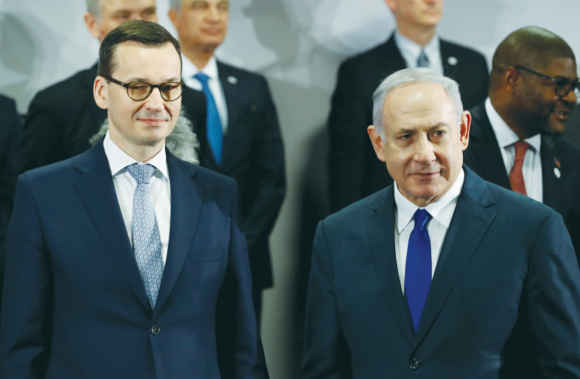 THEN-PRIME MINISTER Benjamin Netanyahu and Polish Prime Minister Mateusz Morawiecki at a Middle East summit in Warsaw in 2019.  (photo credit: KACPER PEMPEL/REUTERS)