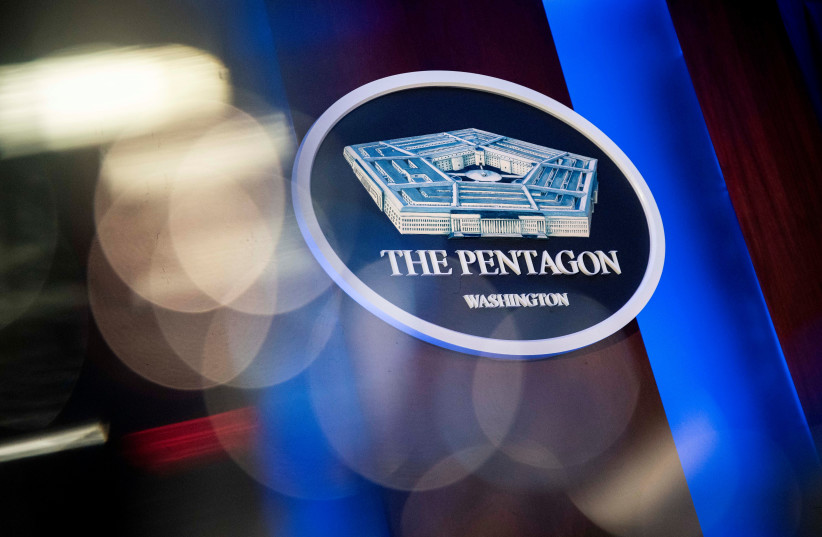  The Pentagon logo is seen behind the podium in the briefing room at the Pentagon in Arlington, Virginia, U.S., January 8, 2020. (photo credit: REUTERS/AL DRAGO/FILE PHOTO)