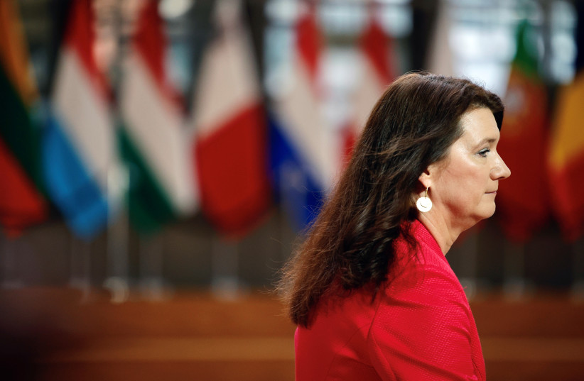  Sweden's Foreign Minister Ann Linde arrives for the EU foreign ministers meeting at the European Council building in Brussels, Belgium May 10, 2021.  (photo credit: Olivier Matthys/Pool via REUTERS)