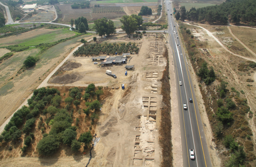 Aerial view of the excavations at Ein Tzipori during the 2012 season. Looking east, with Field I to the left and Field II to the right of Road 79. (photo credit: COURTESY OF ISRAEL ANTIQUITIES AUTHORITY)
