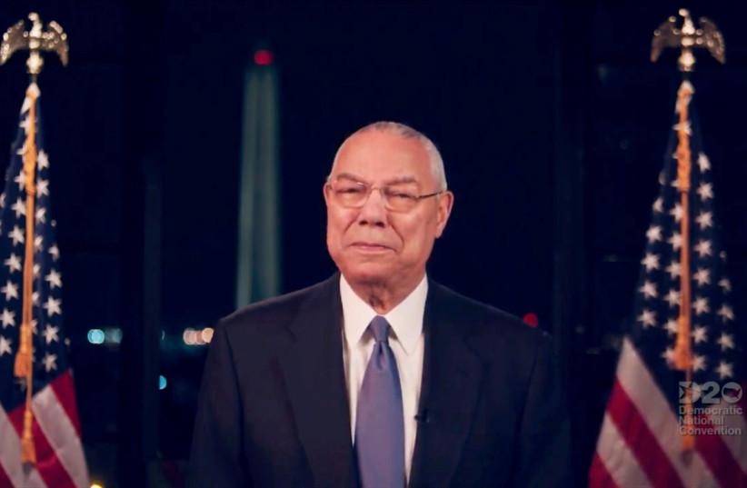  Former US Secretary of State Colin Powell speaks by video feed during the virtual 2020 Democratic National Convention as participants from across the country are hosted over video links from the originally planned site of the convention in Milwaukee, Wisconsin, US August 18, 2020. (photo credit: 2020 DEMOCRATIC NATIONAL CONVENTION/POOL VIA REUTERS/FILE PHOTO)