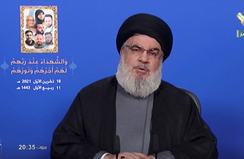     Lebanese Hezbollah leader Sayyed Hassan Nasrallah delivers a televised speech, in this screenshot from a television footage from Al-Manar, Lebanon, October 18, 2021. (AL-MANAR TV / HANDOUT VIA REUTERS)