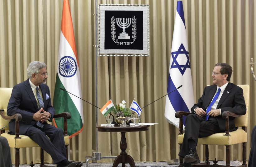  President Isaac Herzog is seen meeting with India’s Foreign Minister Subrahmanyam Jaishankar in the President's Residence in Jerusalem, on October 20, 2021. (photo credit: KOBI GIDEON/GPO)