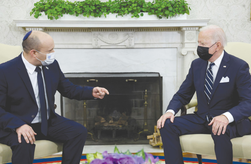 Prime Minister Naftali Bennett and US President Joe Biden in the Oval Office in August. (photo credit: JONATHAN ERNST/REUTERS)