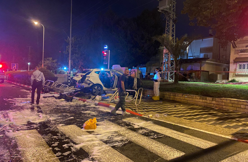  Scene where a car explosion went off in Nahariya, injuring two, October 21, 2021. (photo credit: POLICE SPOKESPERSON'S UNIT)