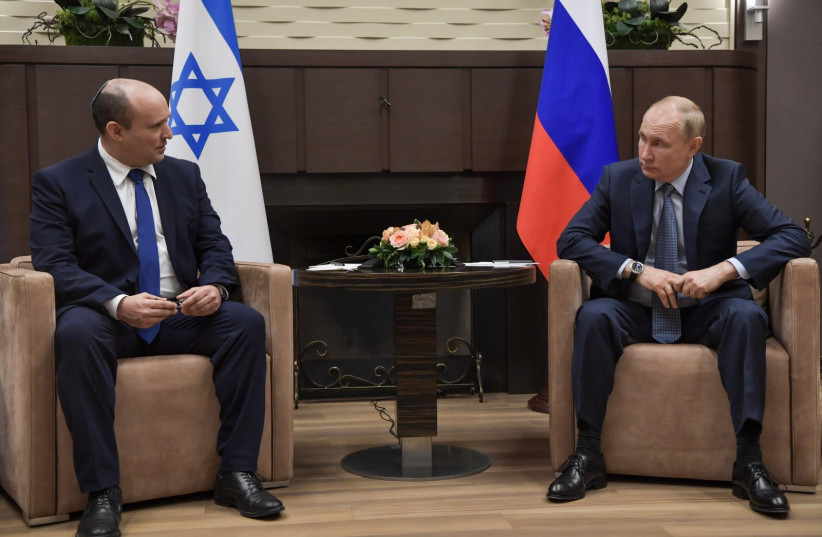  Prime Minister Naftali Bennett and Russia President Vladimir Putin meeting, October 22, 2021.  (photo credit: KOBI GIDEON/GPO)