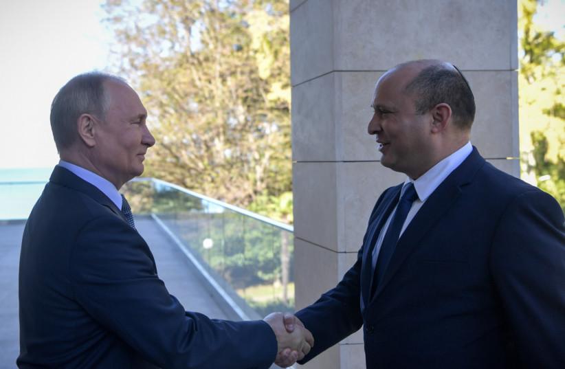  Israeli Prime Minister Naftali Bennett and Russia President Vladimir Putin meeting, October 22, 2021. (credit: KOBI GIDEON/GPO)