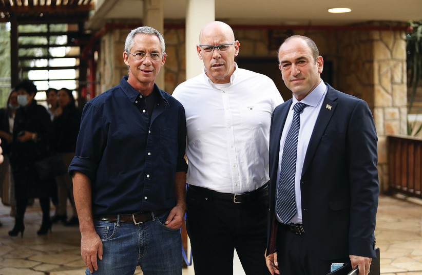 FROM LEFT, Gilad Sharon, Eyal Shmueli, head of the Kfar Vradim Council, and Mayor of Ma’alot-Tarshiha Arkady Pomerantz. (photo credit: SHAI SHAVIT)