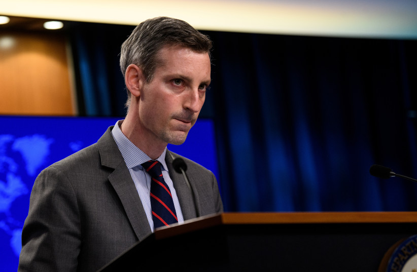  US State Department spokesman Ned Price speaks during daily press briefing at the State Department in Washington, DC, US, February 22, 2021 (photo credit: NICHOLAS KAMM/POOL VIA REUTERS)