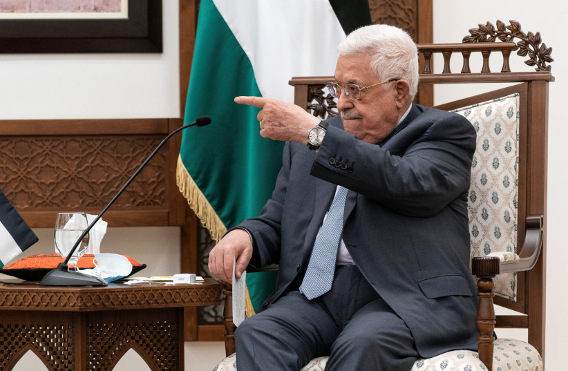  Palestinian President Mahmoud Abbas gestures during a joint press conference with U.S. Secretary of State Antony Blinken (not pictured), in the West Bank city of Ramallah, May 25, 2021. (photo credit: ALEX BRANDON/POOL VIA REUTERS)