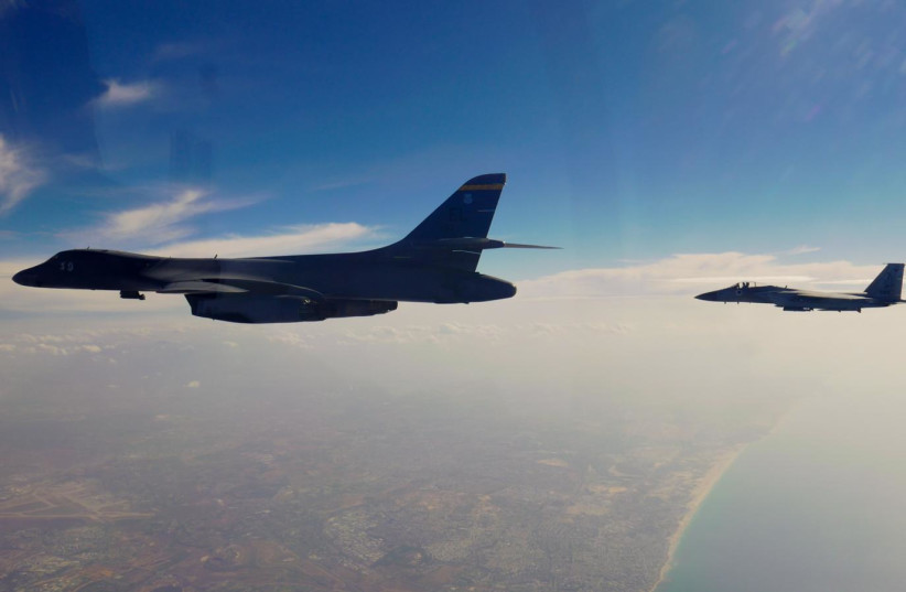   A US Air Force B-1b heavy bomber was escorted by an IAF F-15 fighter jet above Israeli airspace on October 30, 2021 (credit: IDF SPOKESPERSON'S UNIT)
