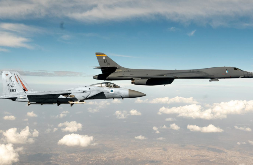 A US Air Force B-1b heavy bomber was escorted by an IAF F-15 fighter jet above Israeli airspace on October 30, 2021 (credit: IDF SPOKESPERSON'S UNIT)
