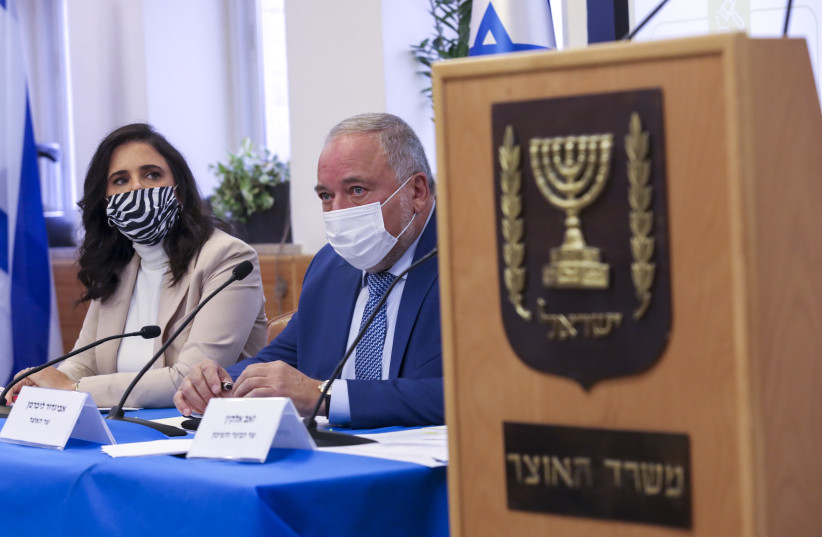 FINANCE MINISTER Avigdor Liberman and Interior Minister Ayelet Shaked at a meeting discussing the Economic Arrangements Law, October 31, 2021 (credit: MARC ISRAEL SELLEM/THE JERUSALEM POST)