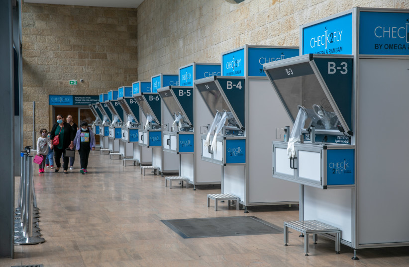  View of coronavirus swab sampling booths at the Ben-Gurion International Airport on February 28, 2021.  (photo credit: YOSSI ALONI/FLASH90)