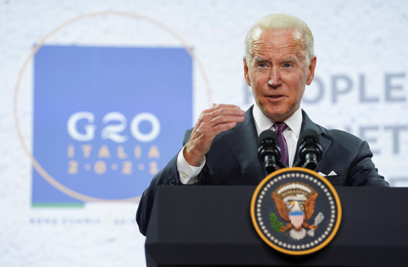 US President Joe Biden speaks during a press conference in the G20 leaders' summit in Rome, Italy October 31, 2021. (photo credit: KEVIN LAMARQUE/REUTERS)