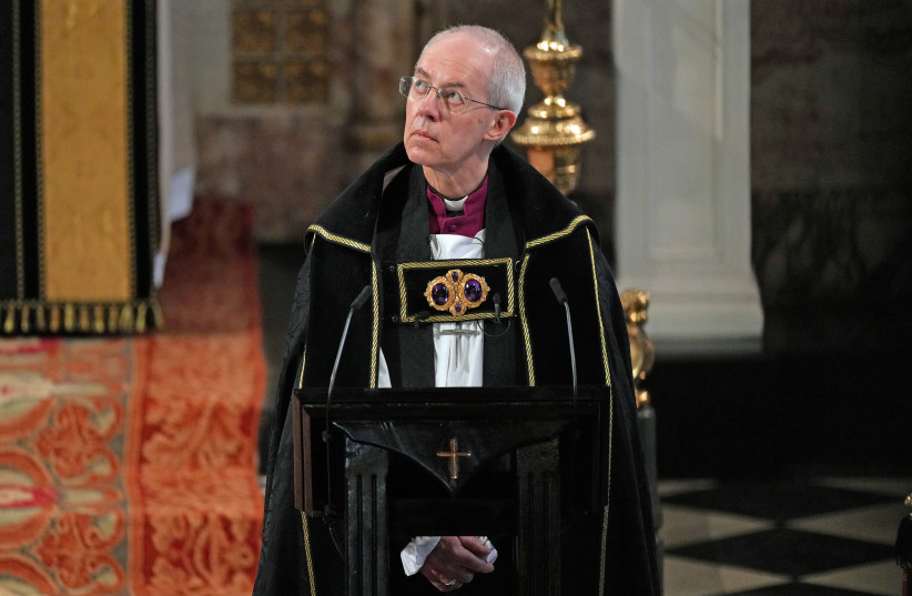 The Archbishop of Canterbury Justin Welby looks on during the funeral of Britain's Prince Philip, husband of Queen Elizabeth, who died at the age of 99, at St George's Chapel, in Windsor, Britain, April 17, 2021. (credit: YUI MOK/POOL VIA REUTERS/FILE PHOTO)