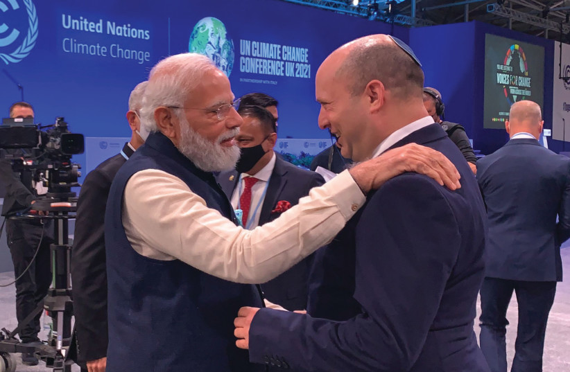  PRIME MINISTER Naftali Bennett with his Indian counterpart Narendra Modi at the beginning of the COP26 conference in Glasgow on Monday. (photo credit: GPO)