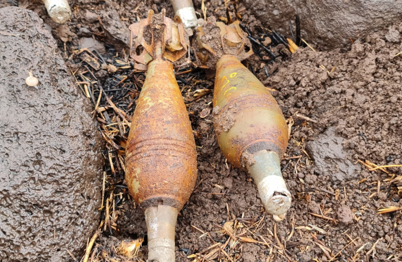 Mortar bombs extracted from a recently excavated Six Day War era Syrian bunker (photo credit: Defense Ministry/Mine Action Authority)