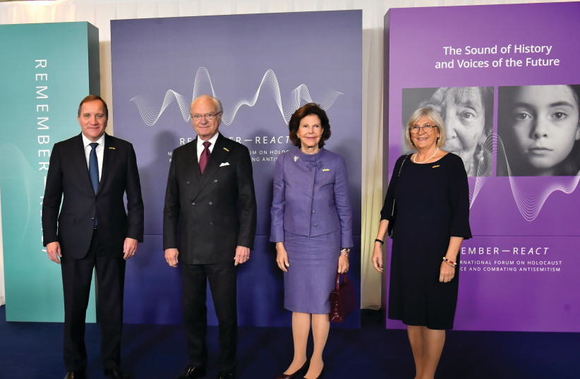  SWEDISH KING Carl Gustaf and Queen Silvia pose with Prime Minister Stefan Löfven and his wife Ulla as they arrive at the International Forum on Holocaust Remembrance and Combating Antisemitism in Malmö last month. (photo credit: Jonas Ekstromer/TT News Agency/via REUTERS)