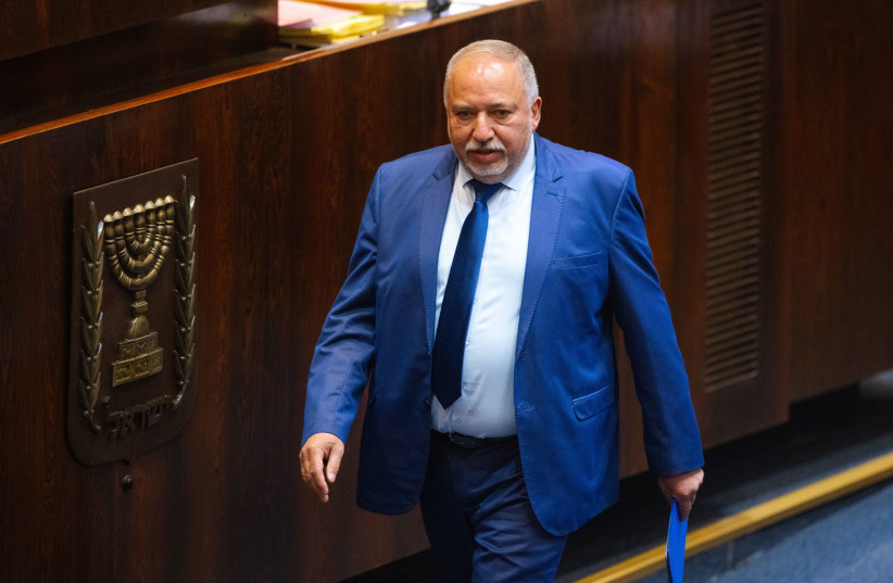  Finance Minister Avigdor Liberman seen during a plenum session and a vote on the state budget at the assembly hall of the Israeli parliament, in Jerusalem on November 3, 2021. (photo credit: OLIVIER FITOUSSI/FLASH90)