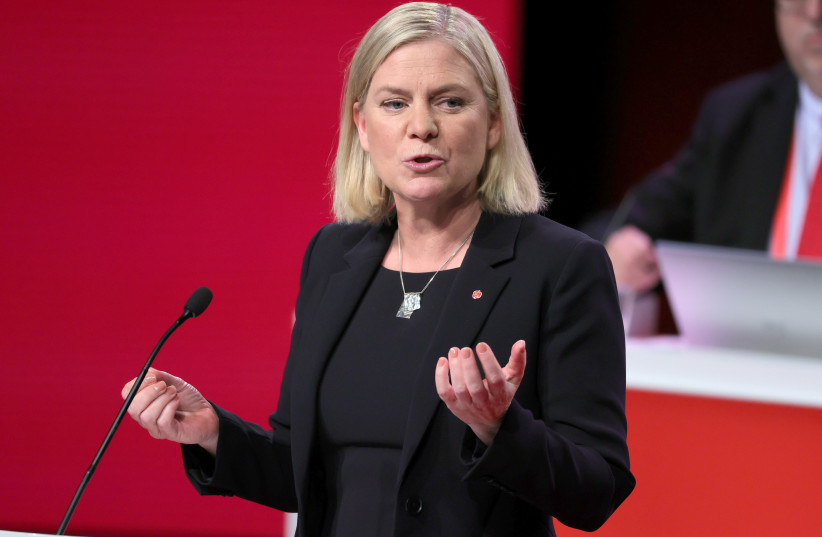  Sweden's Minister of Finance Magdalena Andersson delivers a speech after being elected as party leader of the Social Democratic Party at the party's congress, in Gothenburg, Sweden, November 4, 2021 (photo credit: VIA REUTERS)