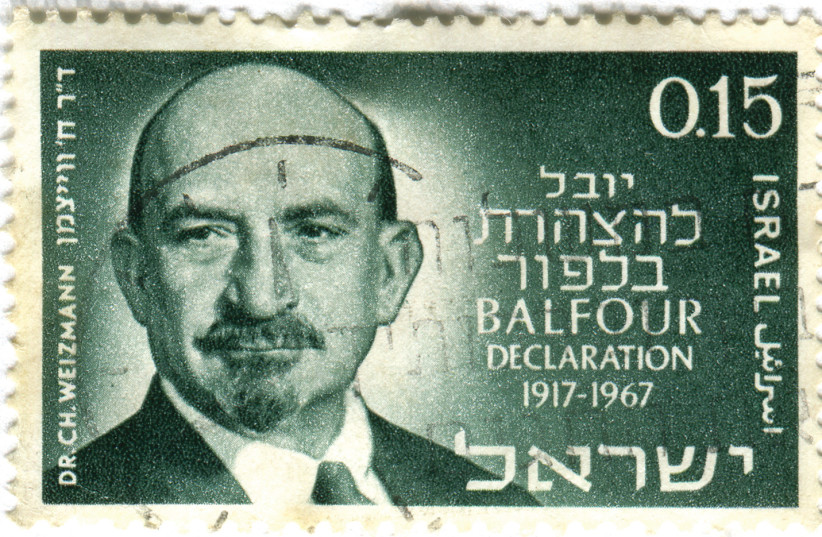  ISRAEL POSTAGE  stamp celebrating  Chaim Weizmann’s  role in the Balfour  Declaration, 1967. (credit: Karen Horton/Flickr)