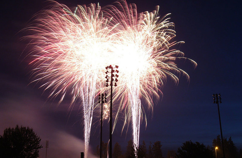  FIREWORKS EXPLODE against  the night sky.  (credit: Wikimedia Commons)