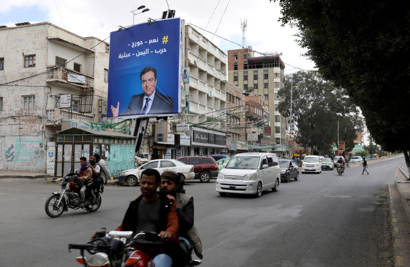  A POSTER of Lebanese Information Minister George Kordahi is seen on a billboard in Sanaa, Yemen,  October 31. It reads: ‘Yes George, Yemen’s war is futile.’ (credit: KHALED ABDULLAH/FILE PHOTO/REUTERS)