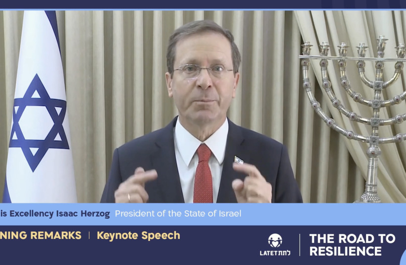  A screenshot of President Isaac Herzog speaking at The Road to Resilience conference. (credit: Courtesy)