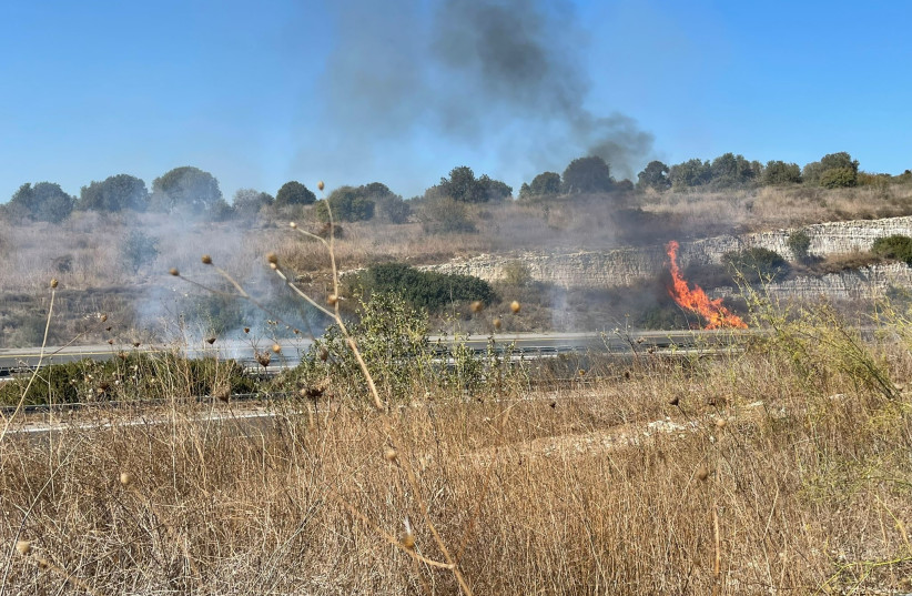  A fire broke out near Highway 6 in the Hadera area on November 8, 2021. (photo credit: HADERA FIRE AND RESCUE SPOKESPERSON)