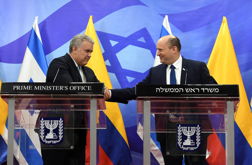  Prime Minister Naftali Bennett and Colombia President Iván Duque Márquez, November 8, 2021. (photo credit: CHAIM TZACH/GPO)