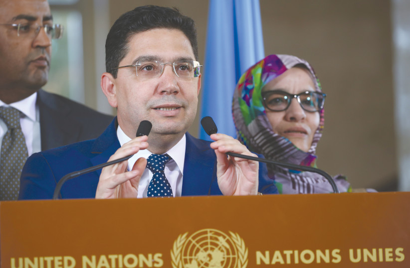  MOROCCAN FOREIGN MINISTER Nasser Bourita speaks after a roundtable on Western Sahara at the UN in Geneva in 2019. (photo credit: DENIS BALIBOUSE/REUTERS)