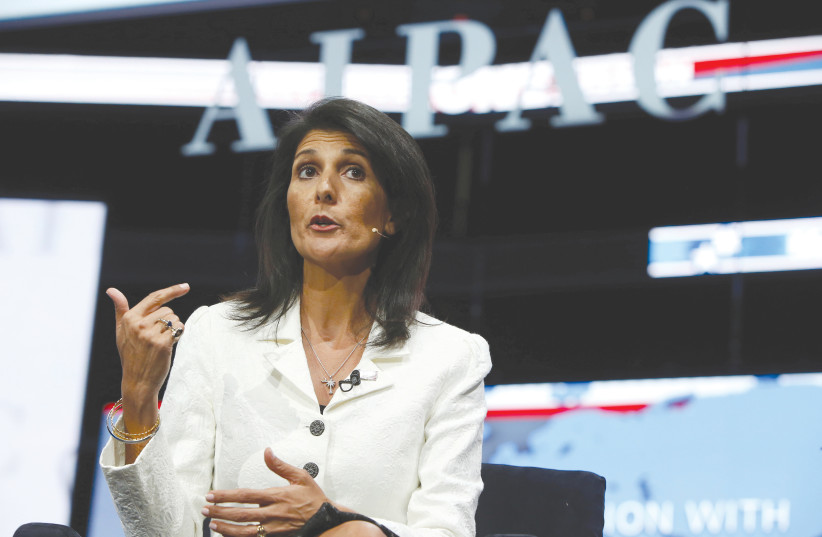 Then-US Ambassador to the UN Nikki Haley addresses the 2017 AIPAC policy conference in Washington. (photo credit: JOSHUA ROBERTS/REUTERS)