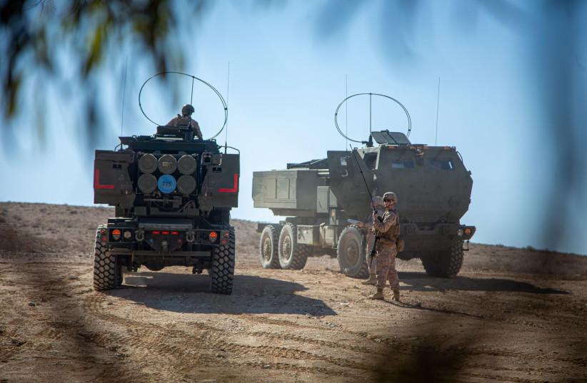 US Marines with Bravo Battery, BLT 1/1, 11th MEU, prep HIMARS for training at a joint drill near the Red Sea. (credit: 1st Lt. Austin Gallegos)