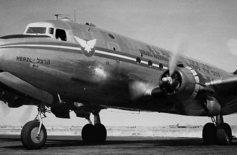  One of El Al’s first two aircraft, Douglas DC-4 ‘Herzl’, registration 4X-ACD, at Lod Airport, Tel Aviv, Israel. This aircraft operated EL AL’s first scheduled passenger flight, on 31 July-1 August 1949 from Tel Aviv via Rome to Paris. (photo credit: OZZIE GOLDMAN PHOTO, MARVIN G. GOLDMAN ['MGG'] COLLECTION)