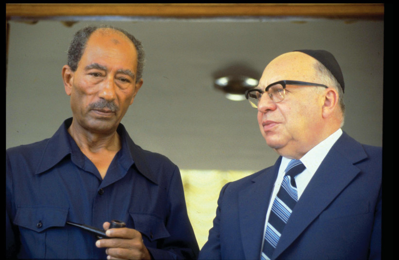  Dr. Yosef Burg meets with Egyptian President Anwar Sadat in Alexandria in 1979. (credit: YAACOV SAAR/GPO)