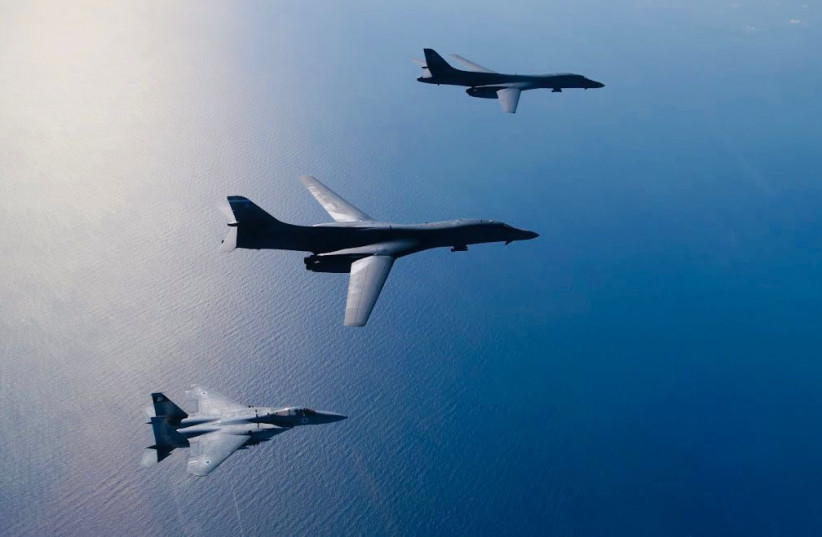  American B-1 bomber fighters fly over Israel alongside IDF F-15 jets (photo credit: IDF)