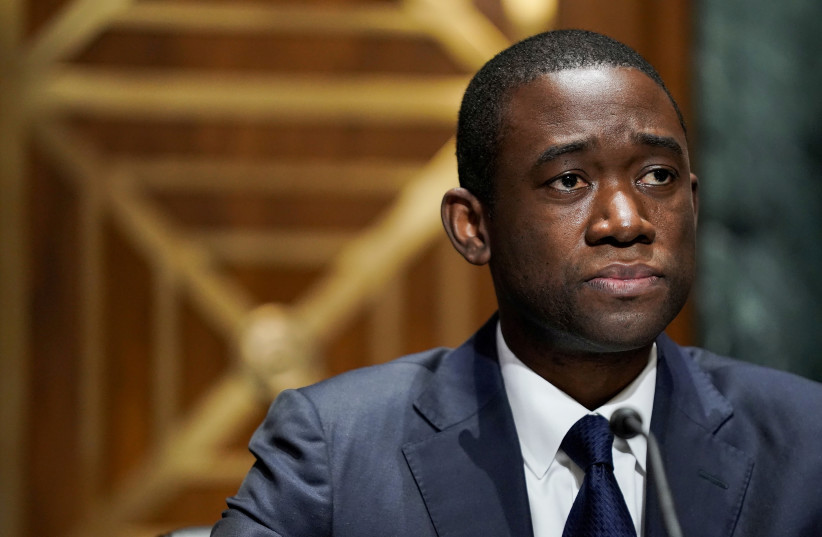  Economist Adewale "Wally" Adeyemo listens to questions during his Senate Finance Committee nomination hearing to be Deputy Secretary of the Treasury in the Dirksen Senate Office Building, in Washington, DC, US, February 23, 2021 (photo credit: GREG NASH/POOL VIA REUTERS)