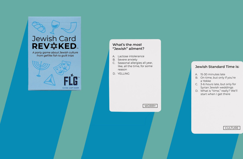  Sample cards from the new game ''Jewish Card Revoked,'' a party game in which players debate aspects of Jewish culture. (credit: COURTESY OF FLYING LEAP GAMES)
